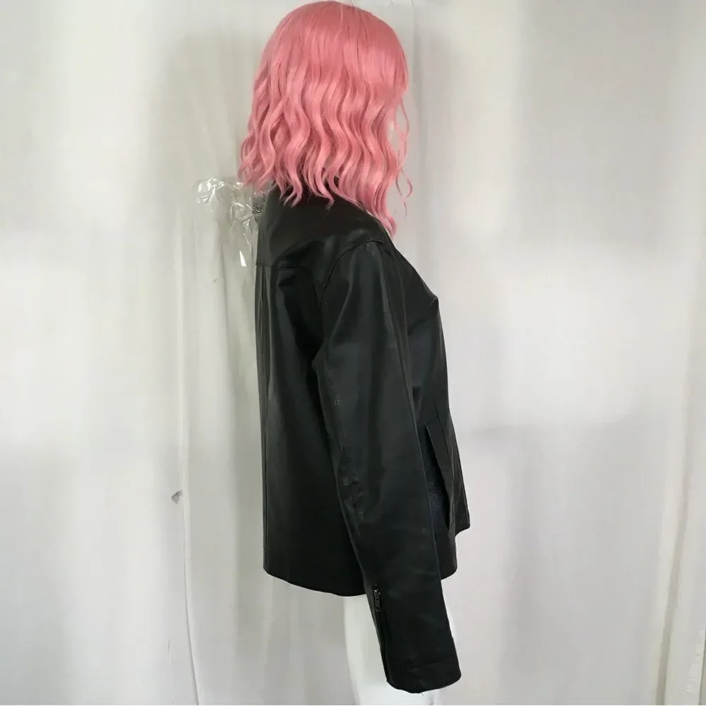 INC Black 100% Genuine Leather Center Zipper Motorcycle Jacket L